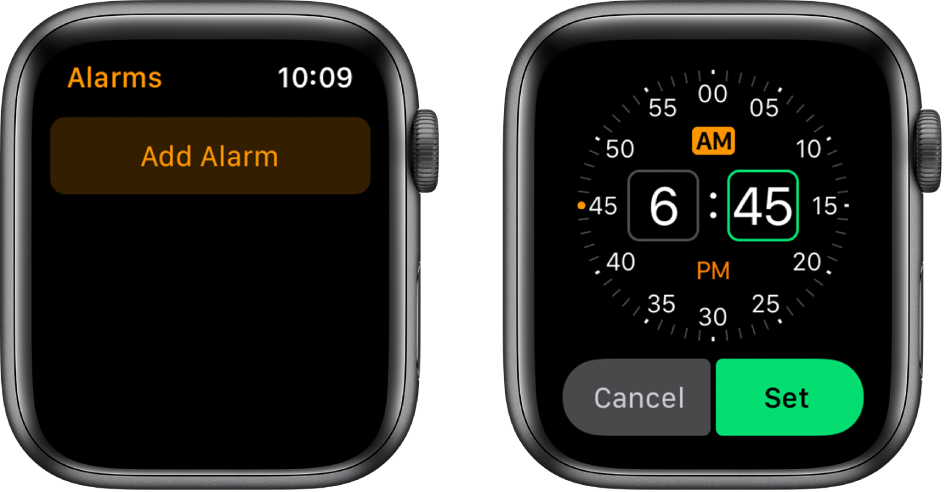 Два екрана на часовник, показващи процеса на добавяне на аларма. Докоснете Add Alarm (Добави аларма), докоснете AM или PM, завъртете коронката Digital Crown, за да настроите часа, след това докоснете Set (Настрой).