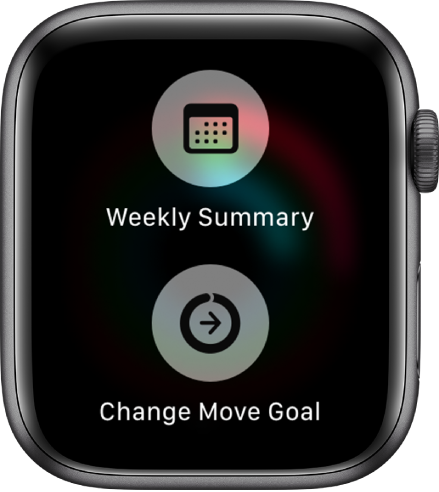 Екранът на приложението Activity (Активност), показващ бутона Weekly Summary (Седмично обобщение) и бутона Change Move Goal (Промяна на цел за движение).