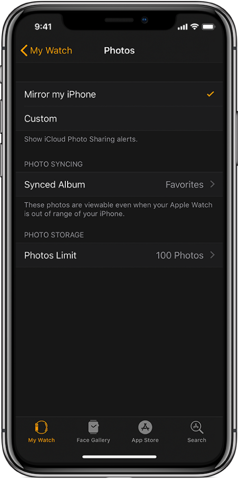 Настройките Photos (Снимки) в приложението Apple Watch на iPhone, в средата е настройката Synced Album (Синхронизиран албум), а под нея - настройката Photos Limit (Лимит за снимки).