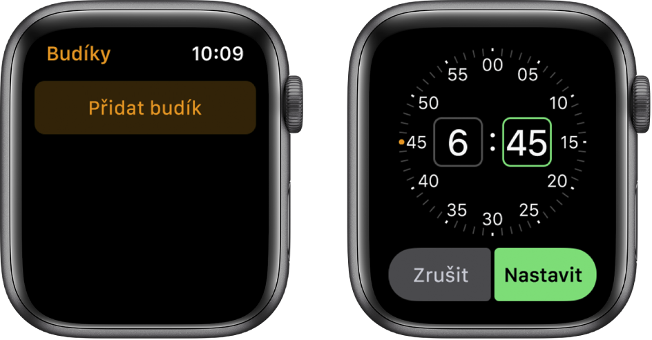 Dvě obrazovky hodinek znázorňující proces přidání budíku: Klepněte na Přidat budík, potom na „dop.“ nebo „odp.“, korunkou Digital Crown nastavte čas a klepněte na Nastavit.