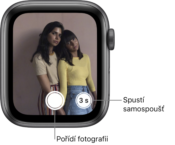 Když používáte hodinky Apple Watch jako ovladač Fotoaparátu, na jejich obrazovce se zobrazuje to, co je v hledáčku iPhonu. Tlačítko „Pořídit obrázek“ se nachází dole uprostřed a tlačítko „Pořídit obrázek po prodlevě“ vpravo od něj. Po pořízení fotografie vidíte vlevo dole tlačítko Prohlížeč fotografií.