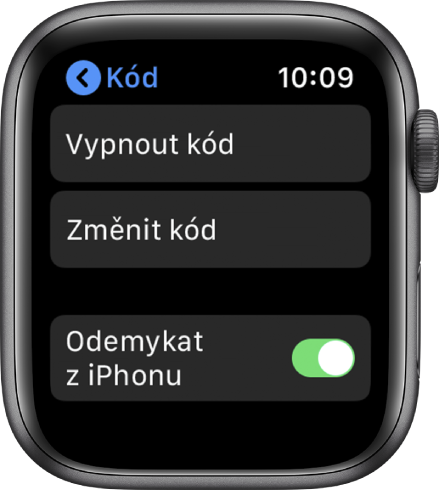 Nastavení kódu na hodinkách Apple Watch s tlačítkem Vypnout kód nahoře, tlačítkem Změnit kód pod ním a tlačítkem Odemykat z iPhonu dole.