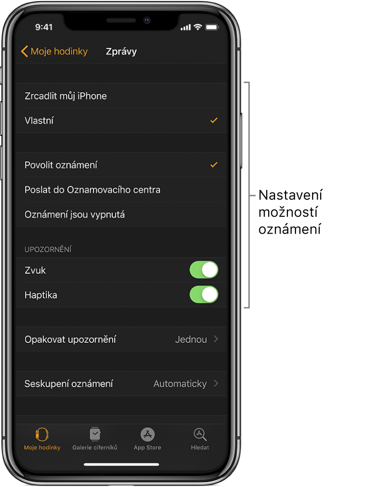Nastavení Zpráv v aplikaci Apple Watch na iPhonu. Zde můžete určit, jestli se mají zobrazovat upozornění, nebo zapnout zvuk, haptická oznámení a opakovaná upozornění.