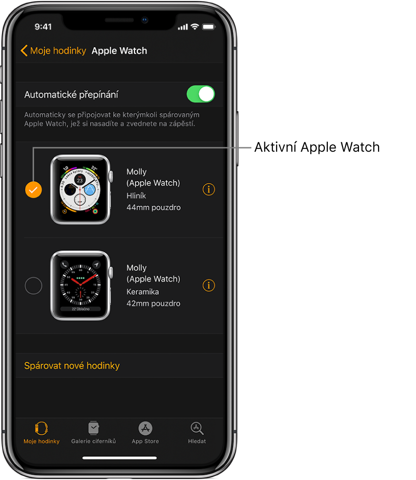 Aktivní hodinky Apple Watch jsou označeny zaškrtnutím.