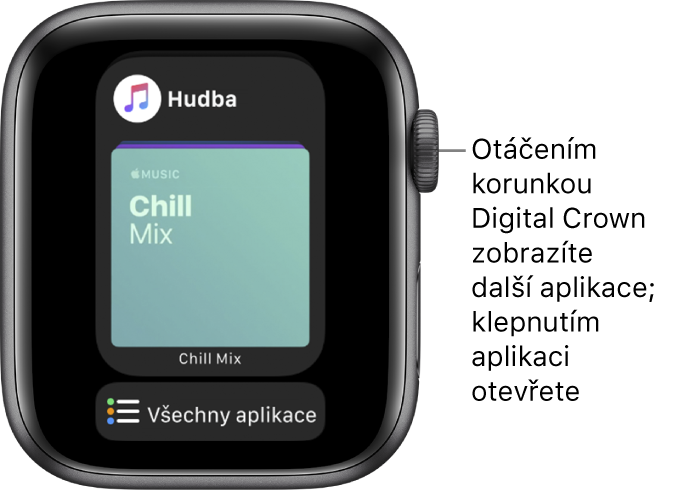 Dock s aplikací Hudba a tlačítkem Všechny aplikace pod ní. Otáčením korunkou Digital Crown zobrazíte další aplikace. Požadovanou aplikaci otevřete klepnutím.