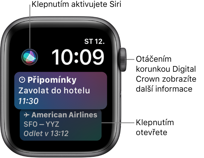 Ciferník Siri se zobrazenou připomínkou a palubním lístkem. Vlevo nahoře na displeji se nachází tlačítko Siri. Vpravo nahoře je zobrazeno datum a čas.