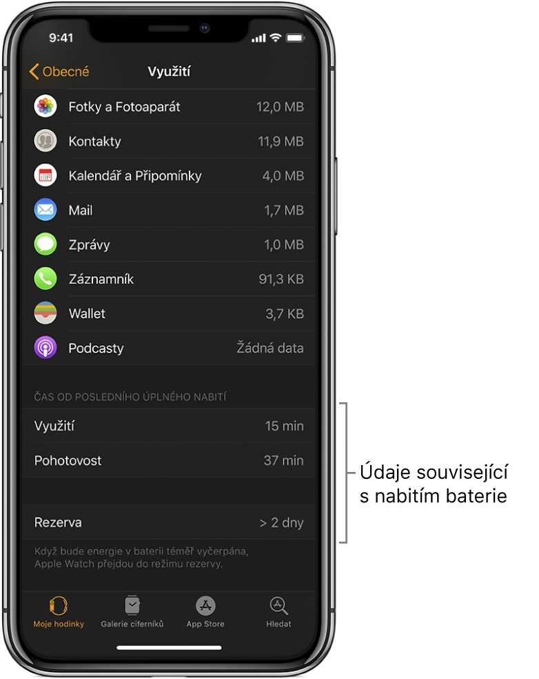 V dolní polovině obrazovky Využití v aplikaci Apple Watch najdete hodnoty energie pro režimy Využití, Pohotovost a Rezerva.