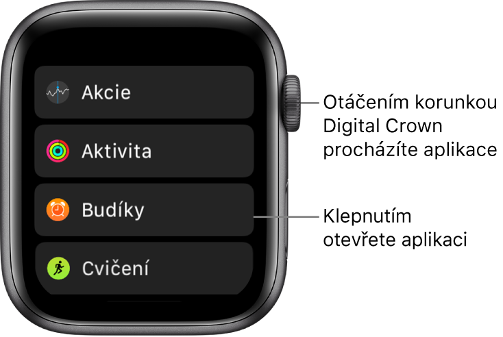 Plocha na Apple Watch v zobrazení Seznam se seznamem aplikací. Klepněte na aplikaci, kterou chcete otevřít. Další aplikace zobrazíte posouváním.