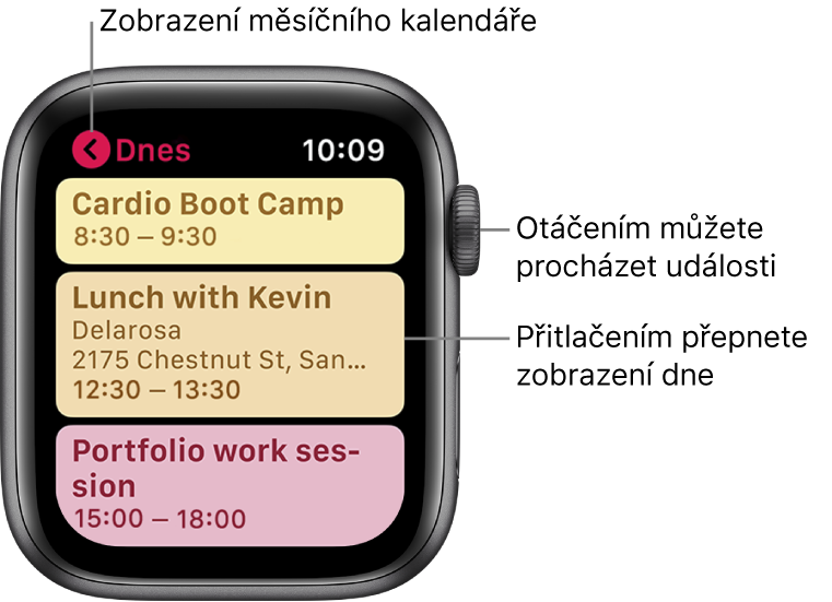 Obrazovka Kalendáře se seznamem událostí dne