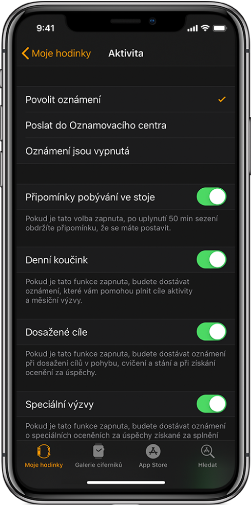 Obrazovka Aktivita v aplikaci Apple Watch, kde můžete určit, jaká oznámení chcete dostávat.