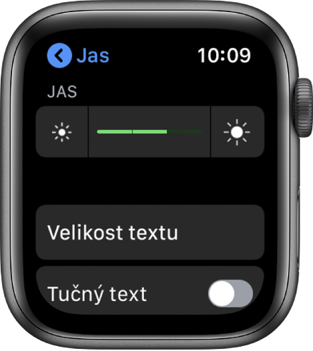 Nastavení jasu na hodinkách Apple Watch s jezdcem Jas nahoře, tlačítkem Velikost textu pod ním a ovládacím prvkem Tučný text dole.