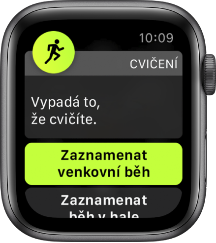 Obrazovka detekce cvičení s textem „Vypadá to, že cvičíte.“a tlačítkem Zaznamenat venkovní běh