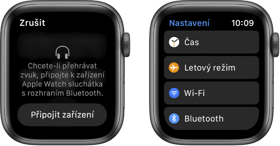 Pokud přepnete zdroj hudby na hodinky Apple Watch, aniž byste s nimi předtím spárovali reproduktory nebo sluchátka s rozhraním Bluetooth, objeví se poblíž spodního okraje displeje tlačítko Připojit zařízení, které na hodinkách Apple Watch otevře nastavení Bluetooth. Zde můžete přidat poslechové zařízení.