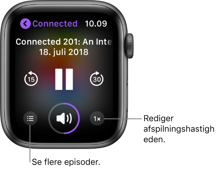 En skærm med Podcasts, der afspilles nu, der viser programmets titel, episodens titel, dato, knappen hop 15 sekunder tilbage, knappen pause, knappen hop 30 sekunder frem, knappen episoder, lydstyrkeindikator og knappen afspilningshastighed.