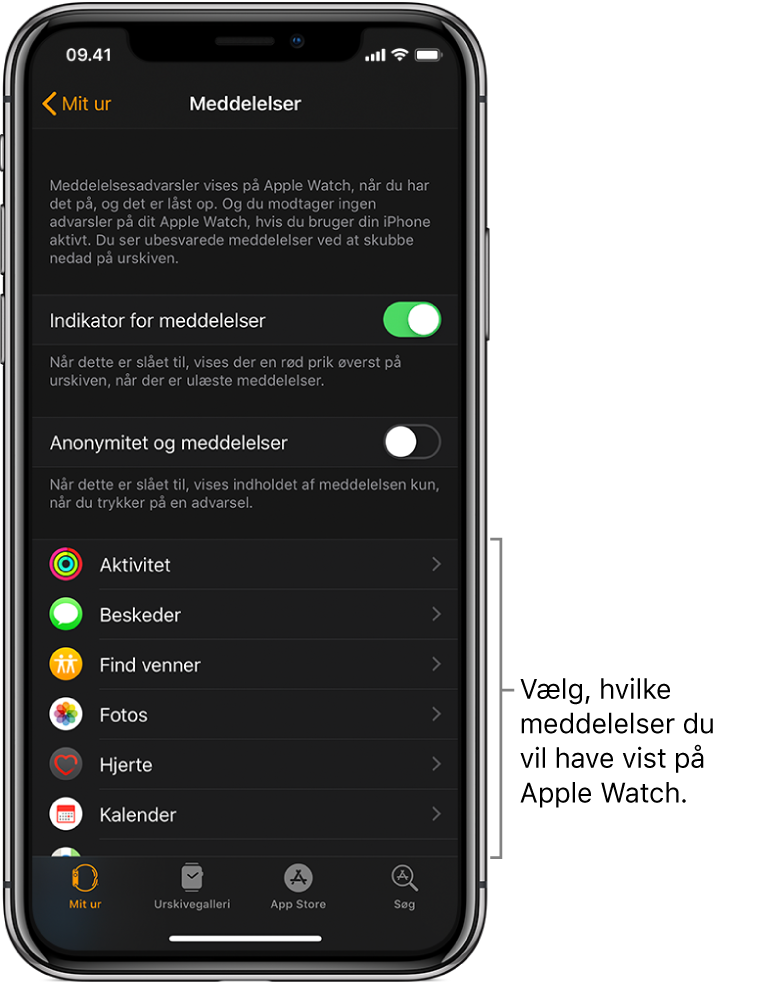 Skærmen Meddelelser i appen Apple Watch på iPhone, som viser kilder til meddelelser.