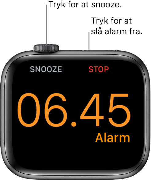 Et Apple Watch, der ligger på siden, hvor skærmen viser en alarm, der er aktiveret. Under Digital Crown ses ordet “Snooze”. Under sideknappen står ordet “Stop”.