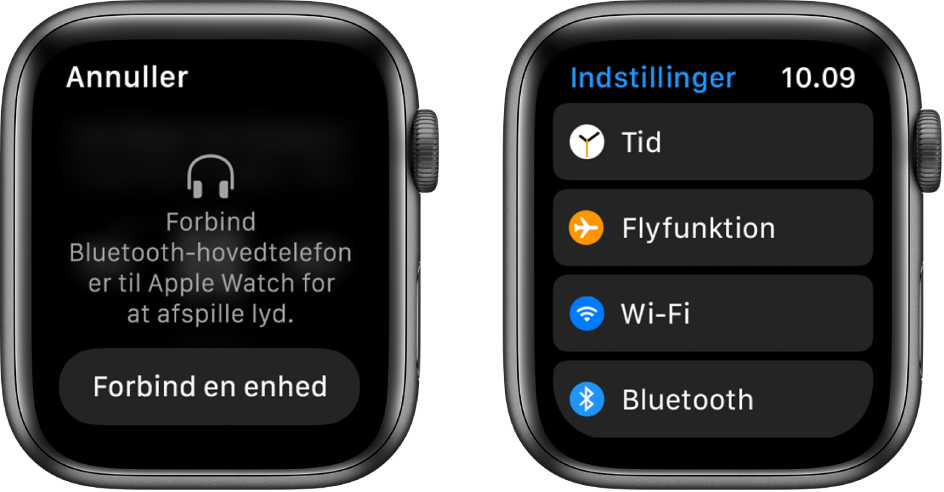 Hvis du skifter musikkilde til dit Apple Watch, før du parrer Bluetooth-højttalere eller -hovedtelefoner, vises knappen Tilslut i bunden af skærmen. Knappen åbner Bluetooth-indstillingerne på dit Apple Watch, hvor du kan tilføje en lytteenhed.