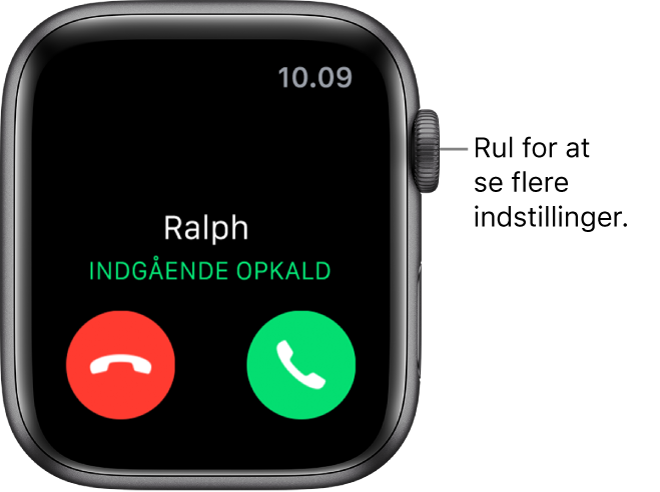 Skærmen Apple Watch, når du modtager et opkald: navnet på den, der ringer op, ordene “Indgående opkald”, den røde knap Afvis og den grønne knap Svar.