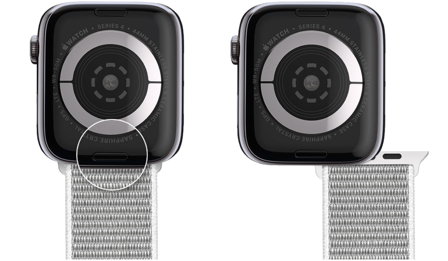 To billeder af Apple Watch. Billedet til venstre viser udløserknappen til remmen. Billedet til højre viser en rem, der er delvist indsat i åbningen.