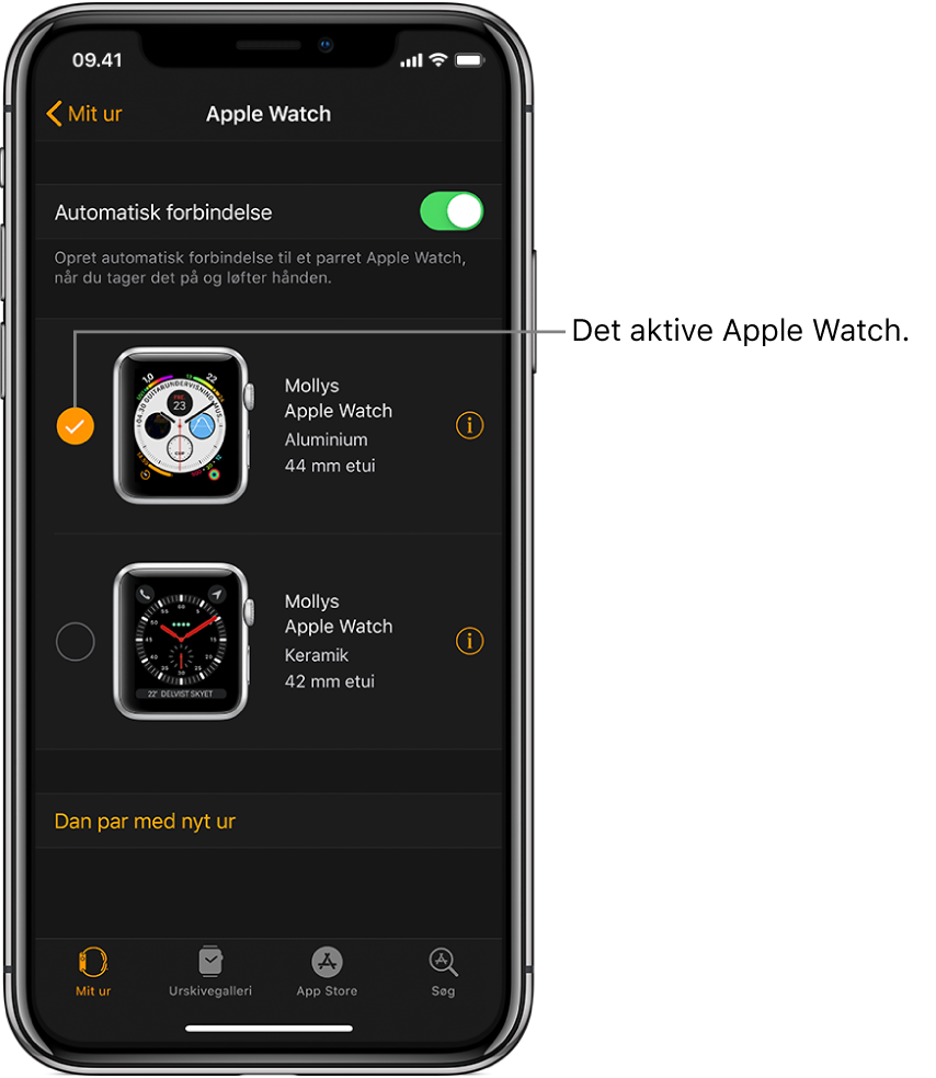 Et hak viser det aktive Apple Watch.