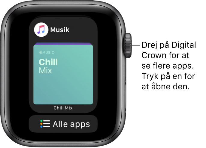 Dock, der viser appen Musik med knappen Alle apps nedenunder. Drej på Digital Crown for at se flere apps. Tryk på en for at åbne den.