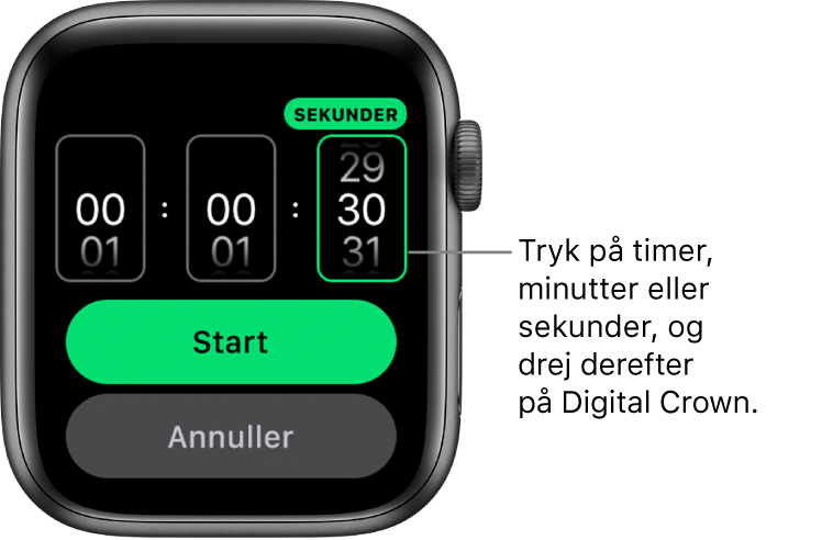 Indstillinger til oprettelse af en speciel tidtager med timen til venstre, minutterne I midten og sekunderne til højre. Knappen Start ses nedenunder.