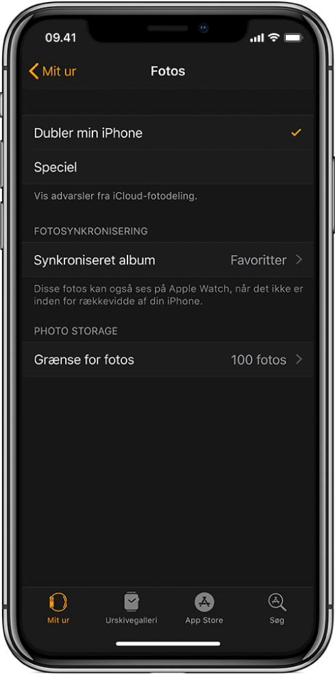 Indstillinger til Fotos i appen Apple Watch på iPhone med indstillingen Synkroniseret album i midten og indstillingen Grænse for fotos nedenunder.