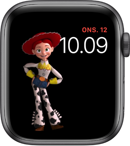 Urskiven Toy Story, der viser ugedag, dato og klokkeslæt øverst til højre og en animeret Jessie til venstre midt på skærmen.