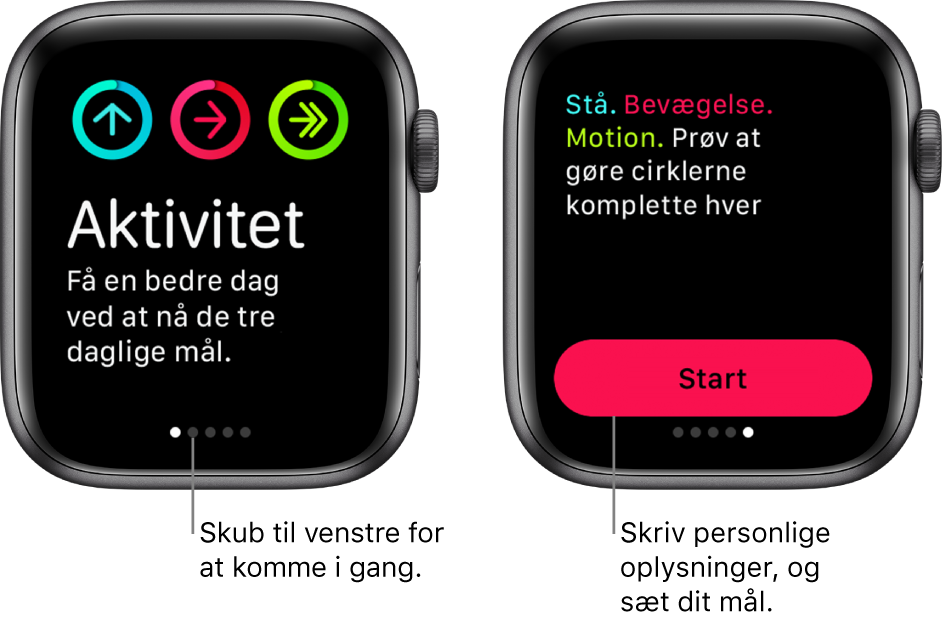 To skærme: Den ene viser startskærmen i appen Aktivitet, og den anden viser knappen Kom i gang.