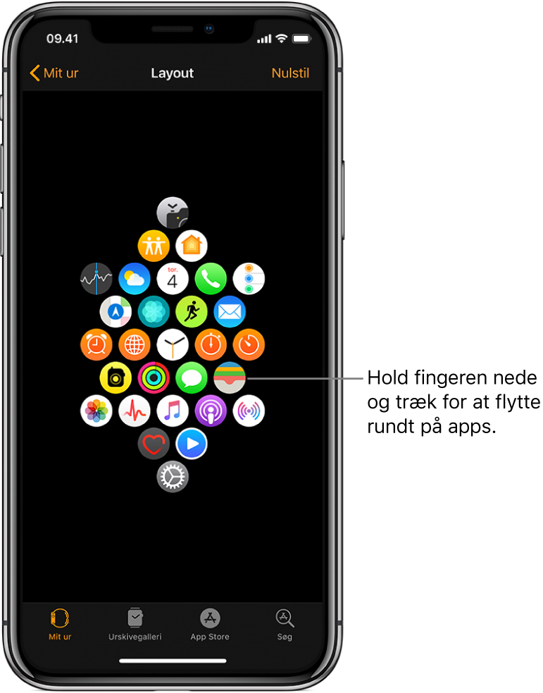 Layoutskærmen i appen Apple Watch, der viser et net af symboler. En billedtekst, hvor der står ”Tryk og træk for at flytte apps”, peger på et appsymbol.