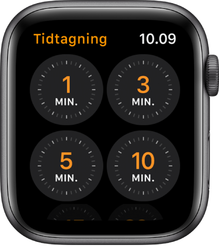 Skærm med appen Tidtagning, der viser hurtige tidtagere på 1, 3, 5 eller 10 minutter.