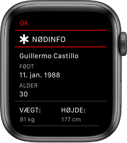 Skærmen Nødinfo, der viser en brugers navn, fødselsdato, alder, vægt og højde.
