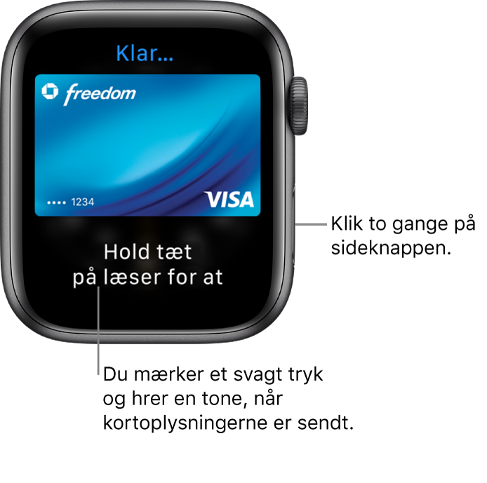 Skærmen Apple Pay med “Klar” øverst og “Hold tæt på læser for at betale” nederst. Du mærker et svagt prik og hører en bip, når kortoplysningerne er sendt.