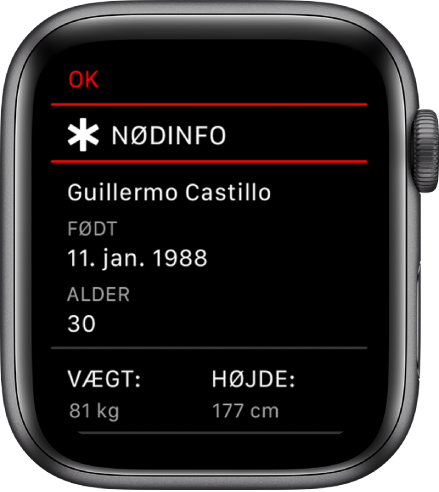 Skærmen Nødinfo, der viser brugerens navn, fødselsdato, alder, vægt og højde.