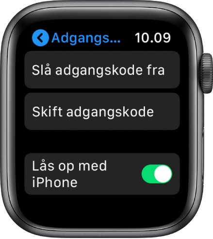 Indstillinger til Adgangskode på Apple Watch med knappen Slå adgangskode fra øverst, knappen Skift adgangskode derunder og nederst knappen Lås op med iPhone.