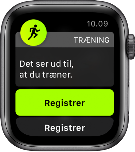 En skærm, der detekterer træning, med teksten “Det ser ud til, at du træner” efterfulgt af en knap, der viser “Registrer udendørsløb”.