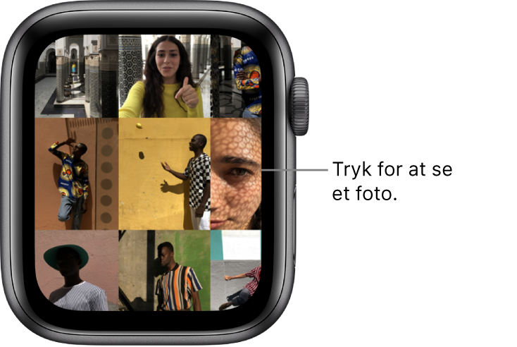Hovedskærmen i appen Fotos på Apple Watch med flere fotos vist i et net.