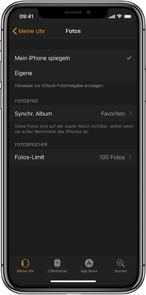 Einstellungen für „Fotos“ in der App „Apple Watch“ auf dem iPhone, mit der Einstellung „Synchr. Album“ in der Mitte und der Einstellung „Fotos-Limit“ darunter.