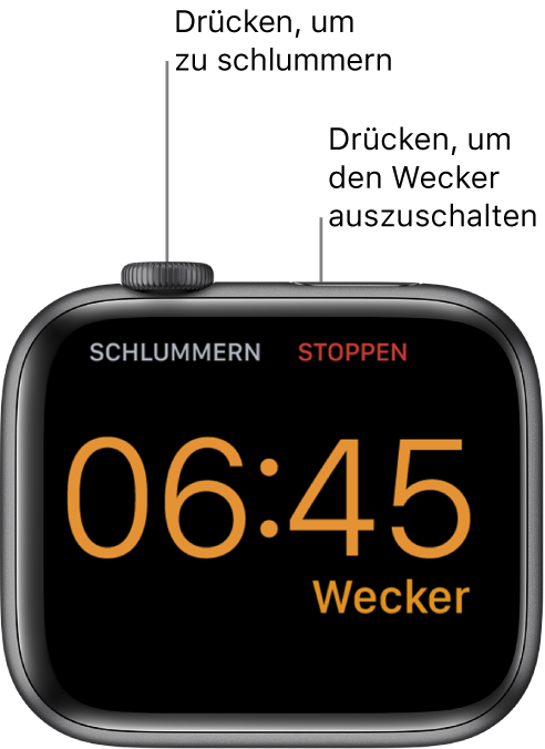 Eine auf der Seite liegende Apple Watch mit dem Bildschirm eines klingelnden Weckers. Unter der Digital Crown befindet sich das Wort „Schlummern“. Unter der Seitentaste ist das Wort „Stopp“ zu sehen.