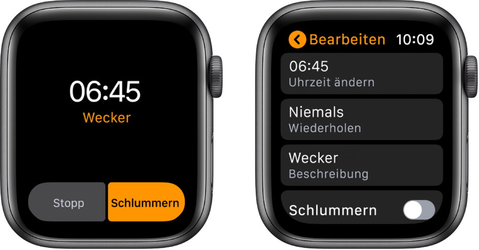 Zwei Bildschirme der Apple Watch: Auf dem einen Bildschirm siehst du ein Zifferblatt mit der Taste „Schlummern“, auf dem anderen die Einstellungen für „Wecker bearbeiten“ und der Steuerung „Schlummern“ unten.