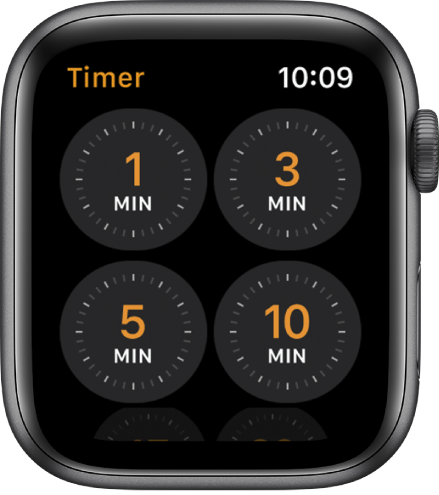 Der Bildschirm der App „Timer“, auf dem schnelle Timer für 1, 3, 5 oder 10 Minuten angezeigt werden.
