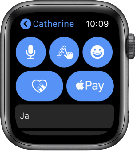 Ein Bildschirm „Nachrichten“ mit der Taste „Apple Pay“ unten rechts