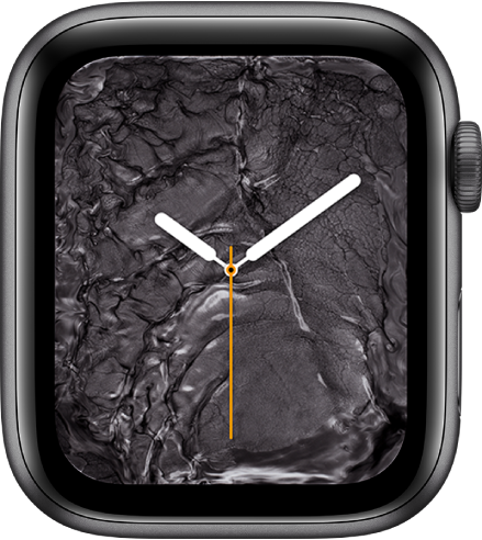 Das Zifferblatt „Flüssigmetall“ zeigt eine analoge Uhr in der Mitte umgeben von Flüssigmetall.