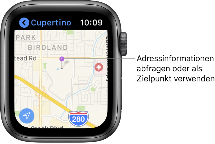 Die App „Karten“ mit einer Karte, auf der eine lila Stecknadel platziert wurde, die verwendet werden kann, um die ungefähre Adresse eines Punktes auf der Karte herauszufinden, oder als Ziel einer Route.