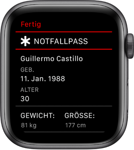 Der Bildschirm „Notfallpass“ mit Benutzername, Geburtsdatum, Alter, Gewicht und Größe