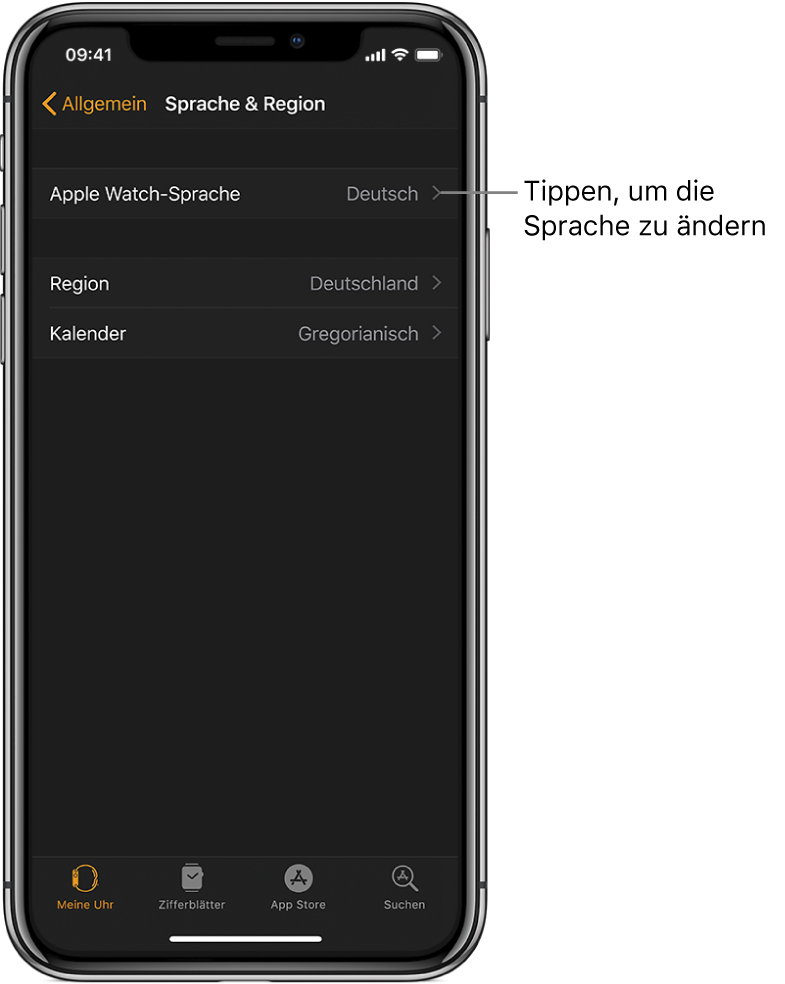Der Bildschirm „Sprache & Region“ in der App „Apple Watch“ mit der Einstellung „Apple Watch-Sprache“ oben.