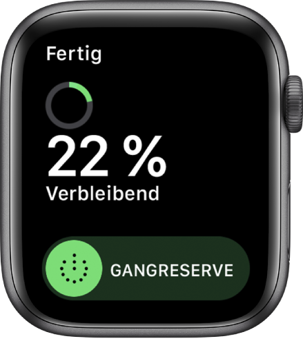Der Bildschirm „Gangreserve“ mit der Taste „Fertig“ oben links, der verbleibenden Batterieladung in Prozent und dem Regler „Gangreserve“.