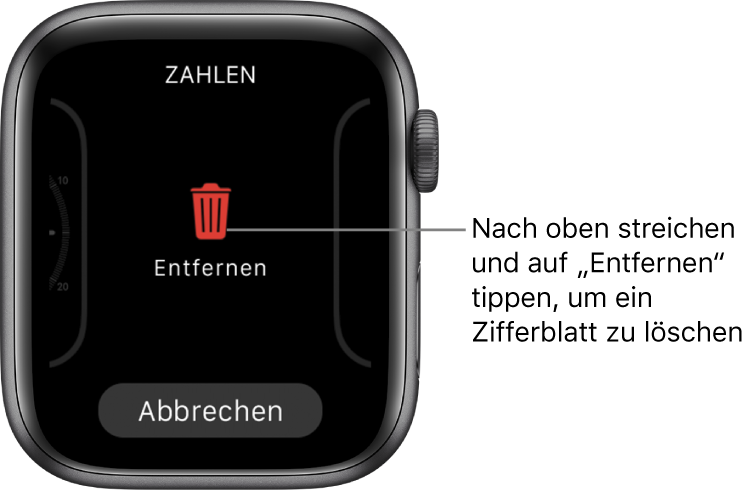 Bildschirm der Apple Watch mit den Tasten „Entfernen“ und „Abbrechen“, der angezeigt wird, wenn du zu einem Zifferblatt streichst und auf diesem nach oben streichst, um es zu löschen.