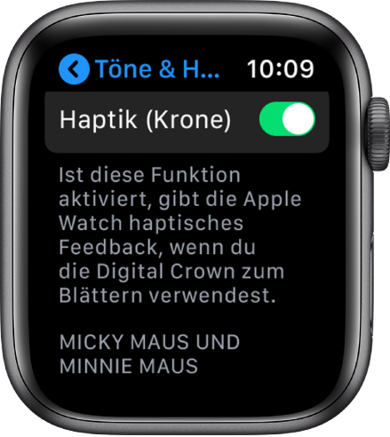 Der Bildschirm „Haptik (Krone)“ mit aktiviertem Schalter „Haptik (Krone)“.