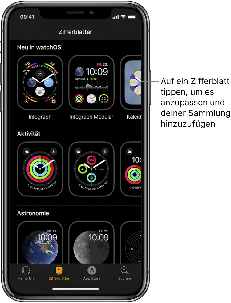 Die Zifferblattgalerie in der App „Apple Watch“. In der oberen Zeile befinden sich die neuen Zifferblätter, in den nächsten Zeilen sind die Zifferblätter nach Typ z. B. „Aktivität“ und „Astronomie“ gruppiert. Scrolle, um mehr Zifferblätter nach Typ sortiert anzuzeigen.